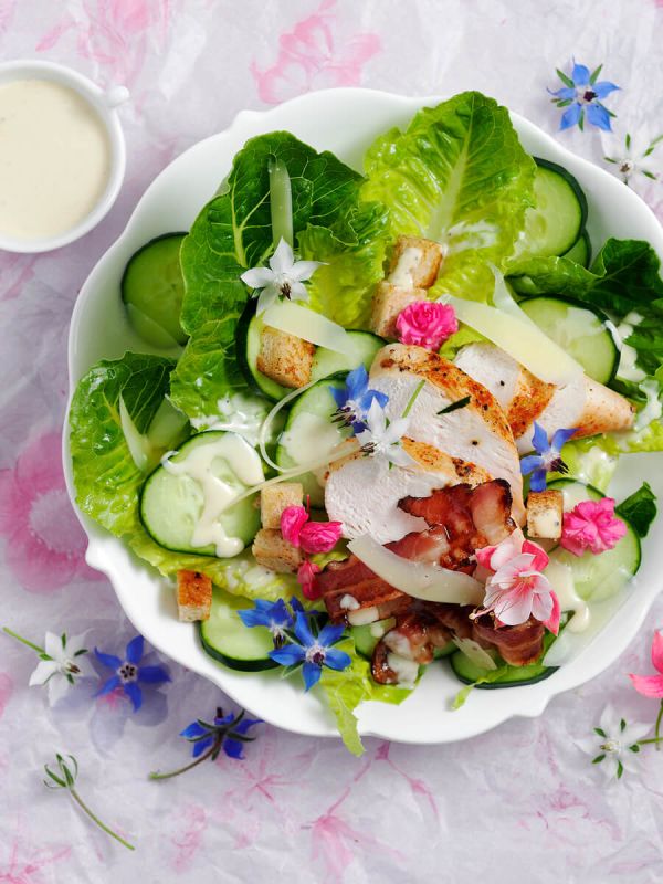 Flower Caesar salad with borage blossoms