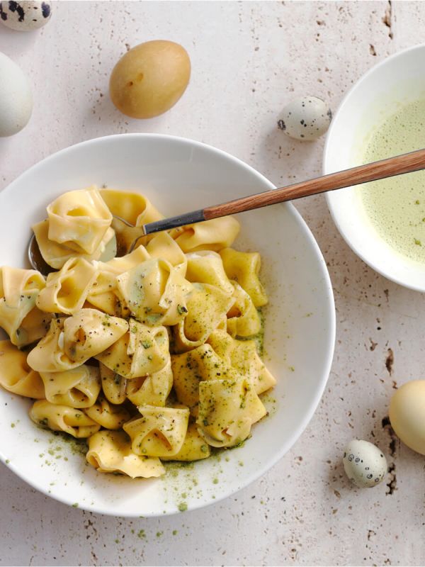 Tortellinis au séré et mousse au matcha